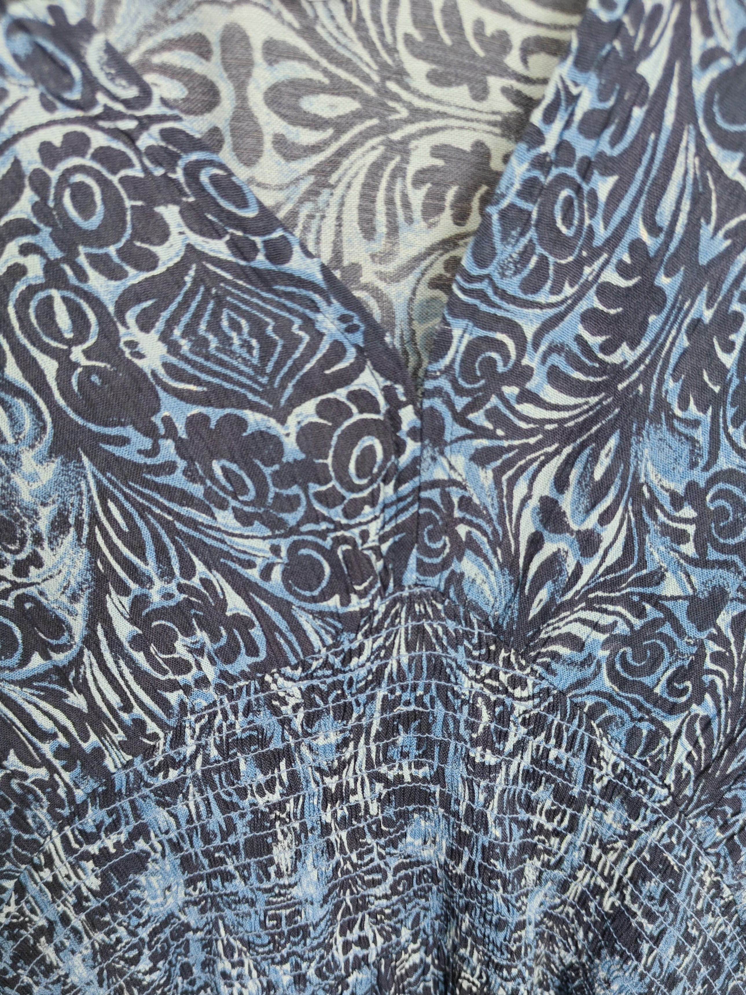 Lucky Brand Blue Patterned Smocked Waist V-Neck Dress