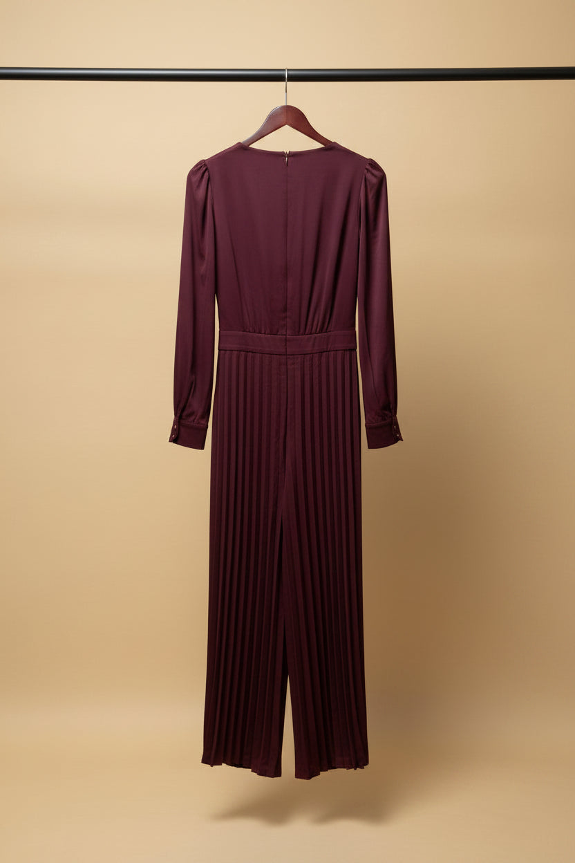 Women's Maroon Long Sleeve Pleated Jumpsuit
