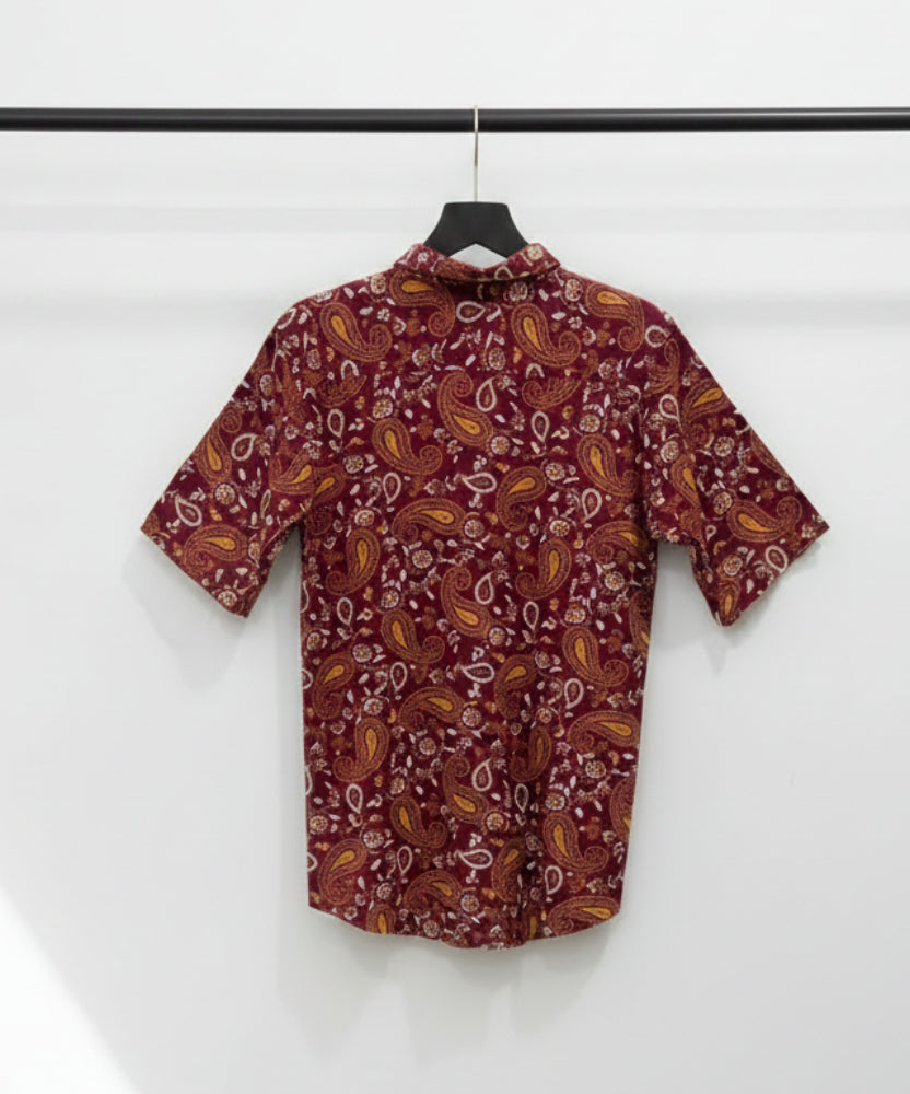 Grassland Men's Maroon Paisley Print Short Sleeve Casual Shirt