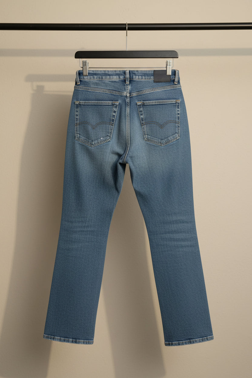 Women's Blue Distressed High-Waist Straight Leg Jeans