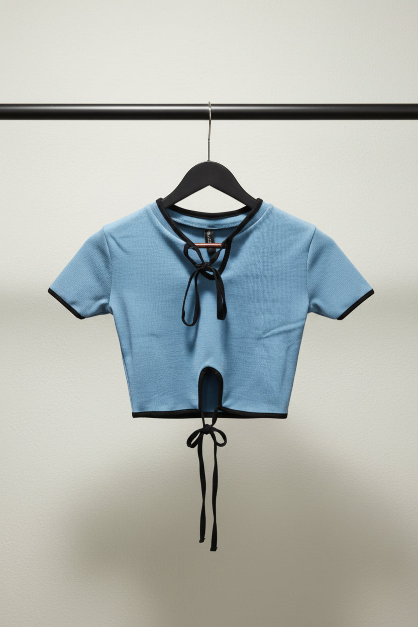 LEAGUES Women's Sky Blue Ribbed Crop Top with Front Tie Detail