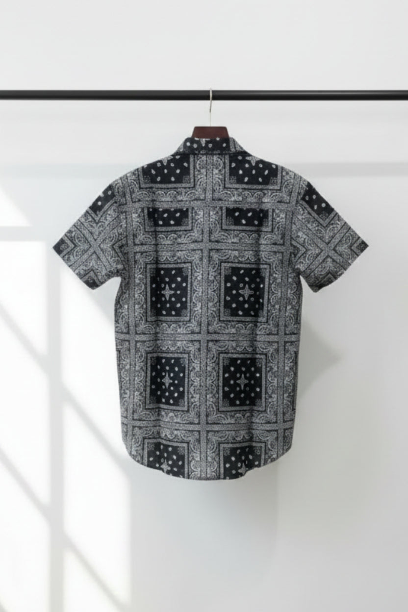 Men's Black & White Bandana Print Short Sleeve Casual Shirt