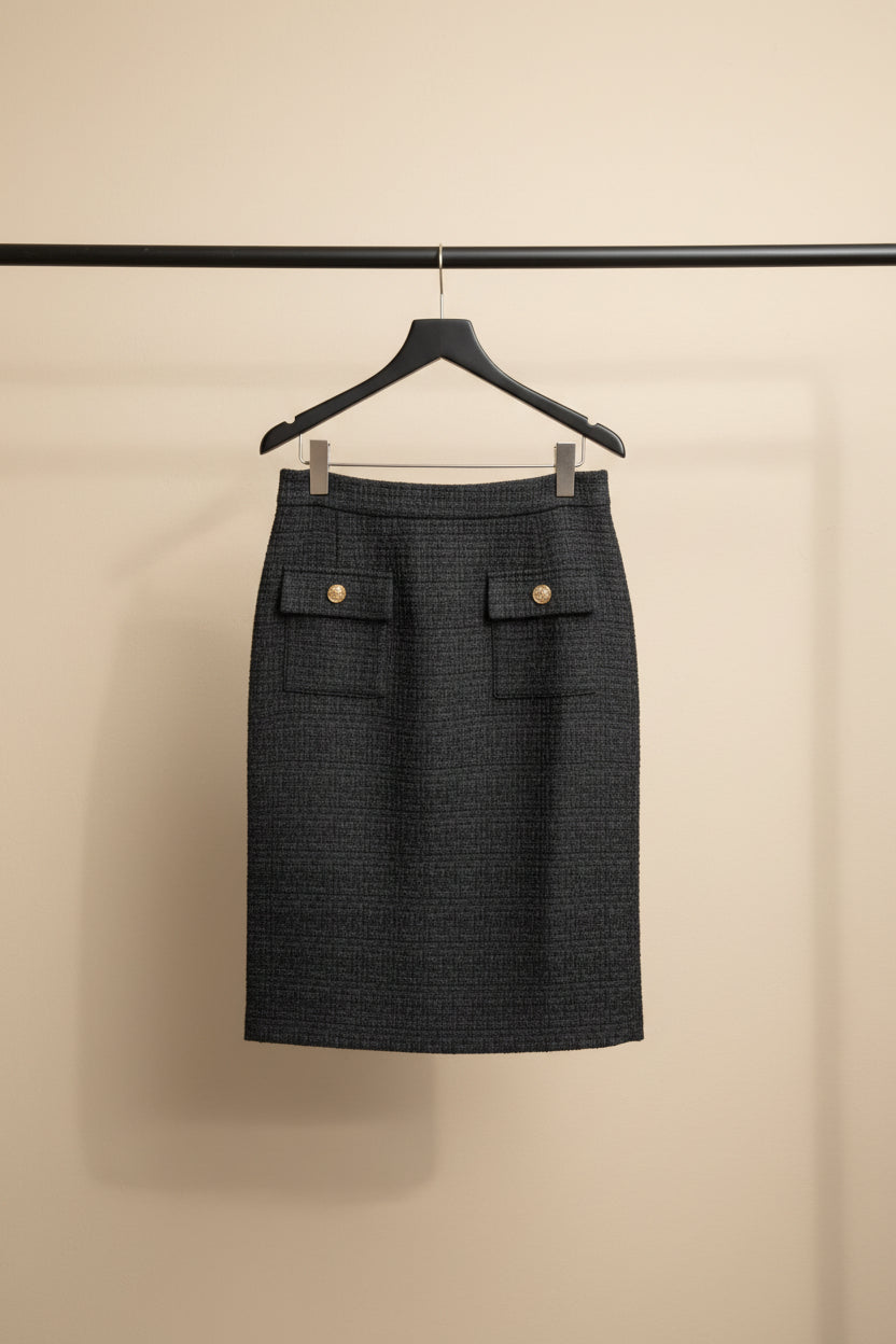 Boli Women's Charcoal Tweed Pencil Skirt with Gold Buttons