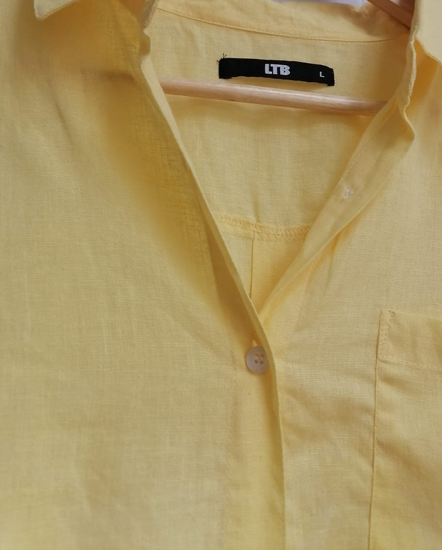 LTB Women's Yellow Linen Blend Long Sleeve Button-Up Shirt