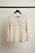 OUTRYT Women's Off-White Long Sleeve V-Neck Blouse with Pockets
