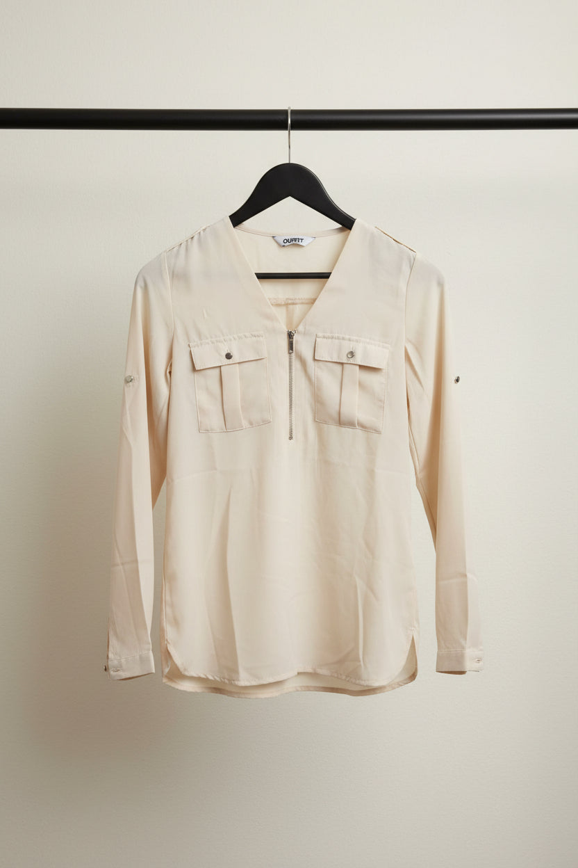OUTRYT Women's Off-White Long Sleeve V-Neck Blouse with Pockets