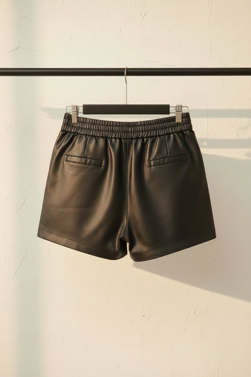 Black Faux Leather Elastic Waist Shorts
