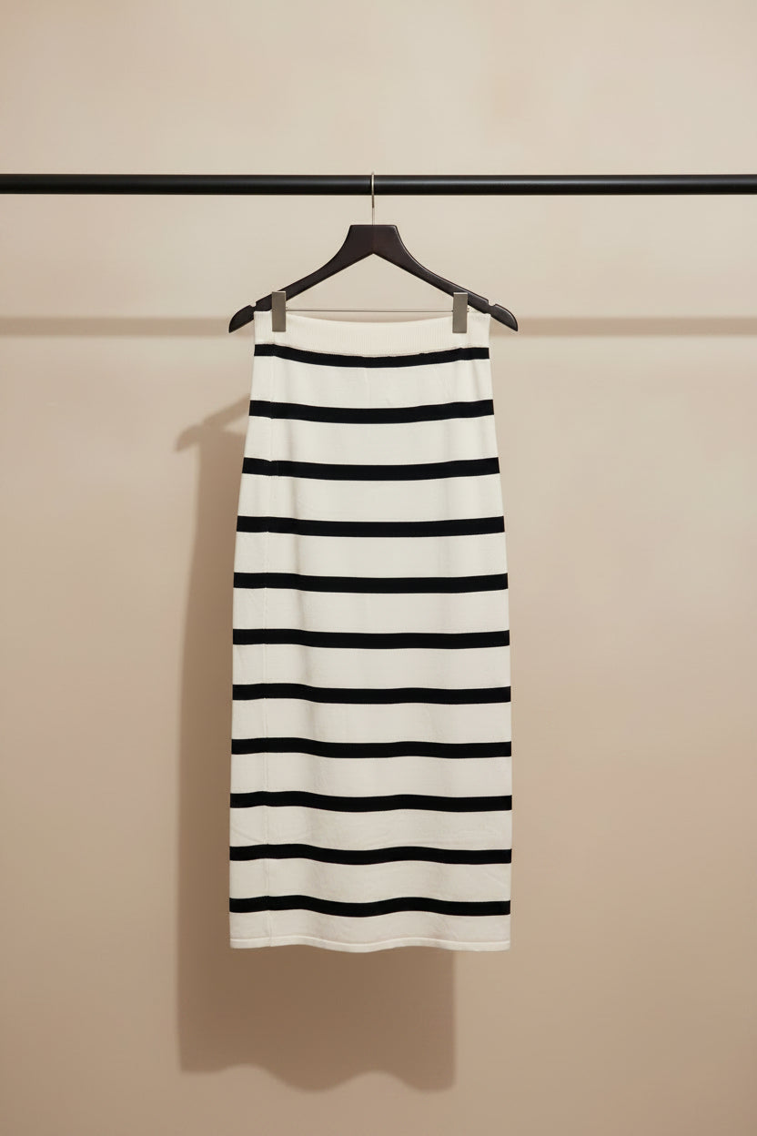 Women's Black and Off-White Striped Knit Midi Skirt