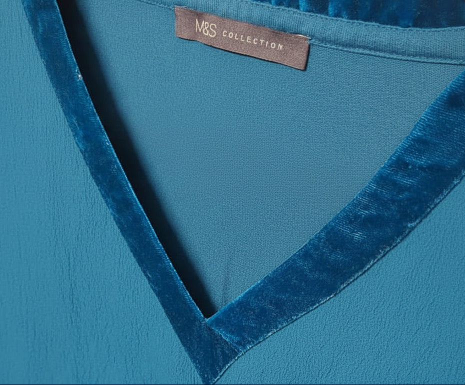 Teal V-Neck Top with Velvet Trim