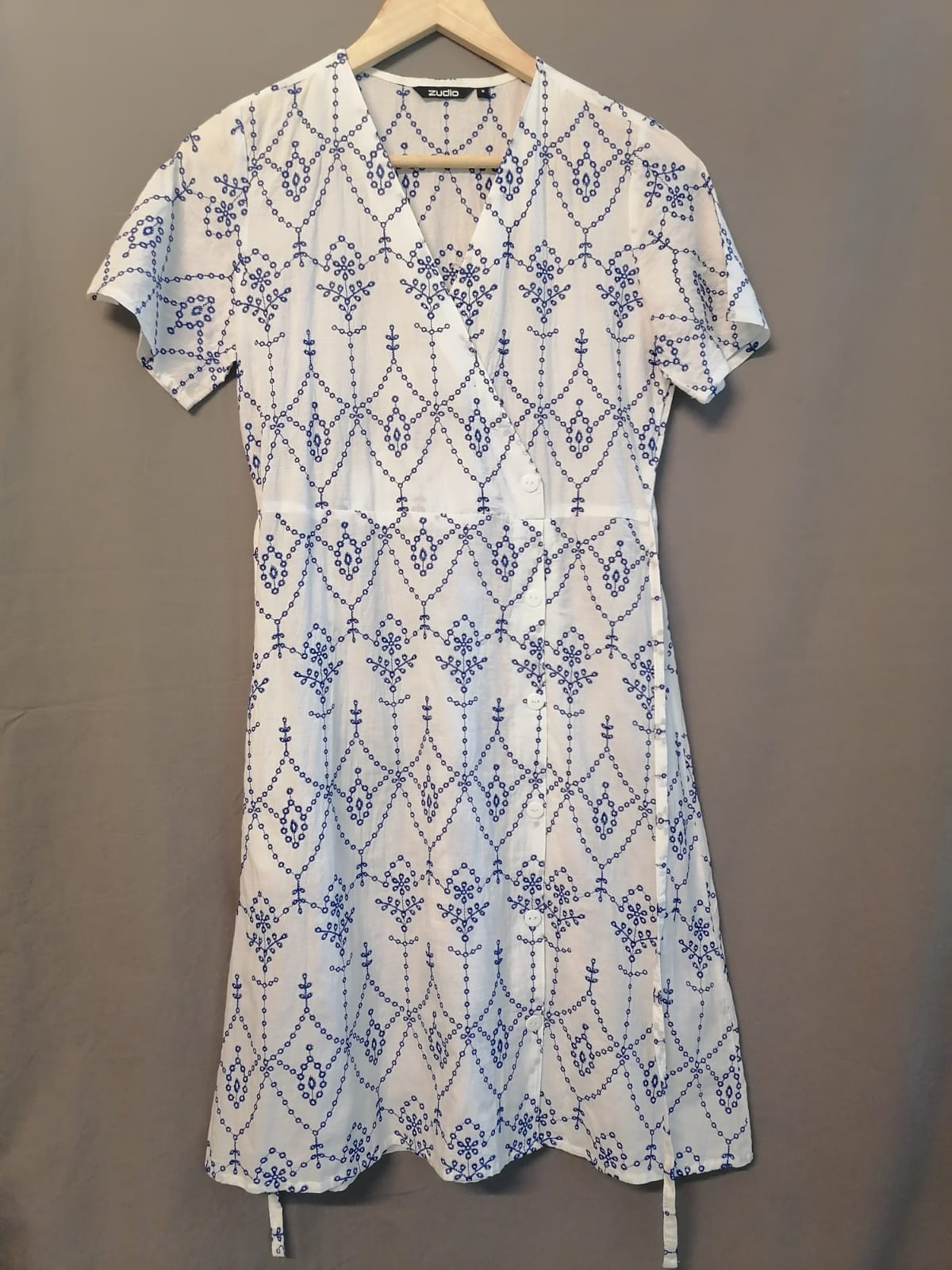 Zudio White & Blue Embroidered Cotton Wrap Dress