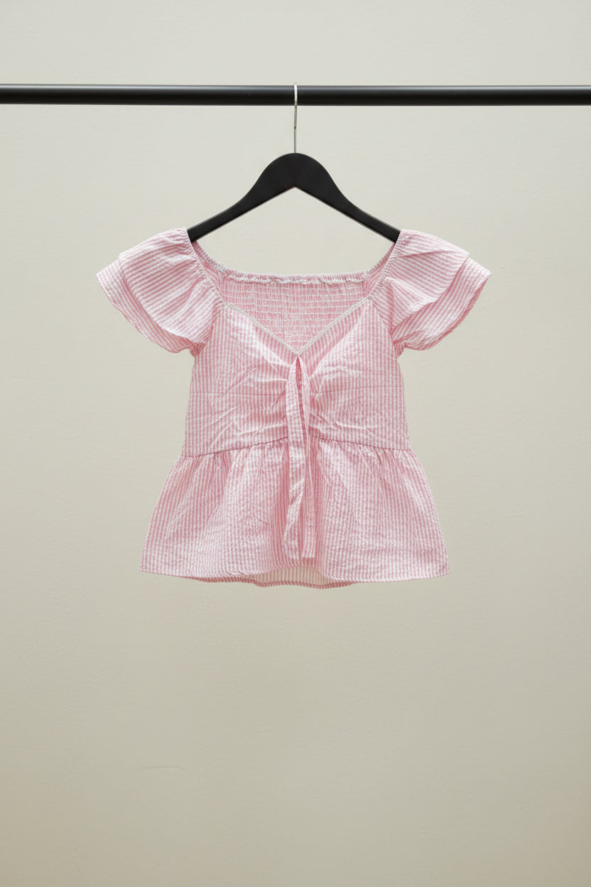 Pink & White Striped Off-Shoulder Smocked Peplum Top