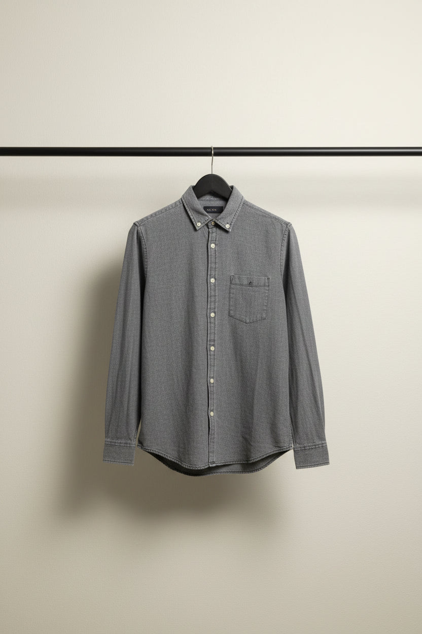 ASOS DESIGN Men's Grey Washed Denim Long Sleeve Button-Up Shirt