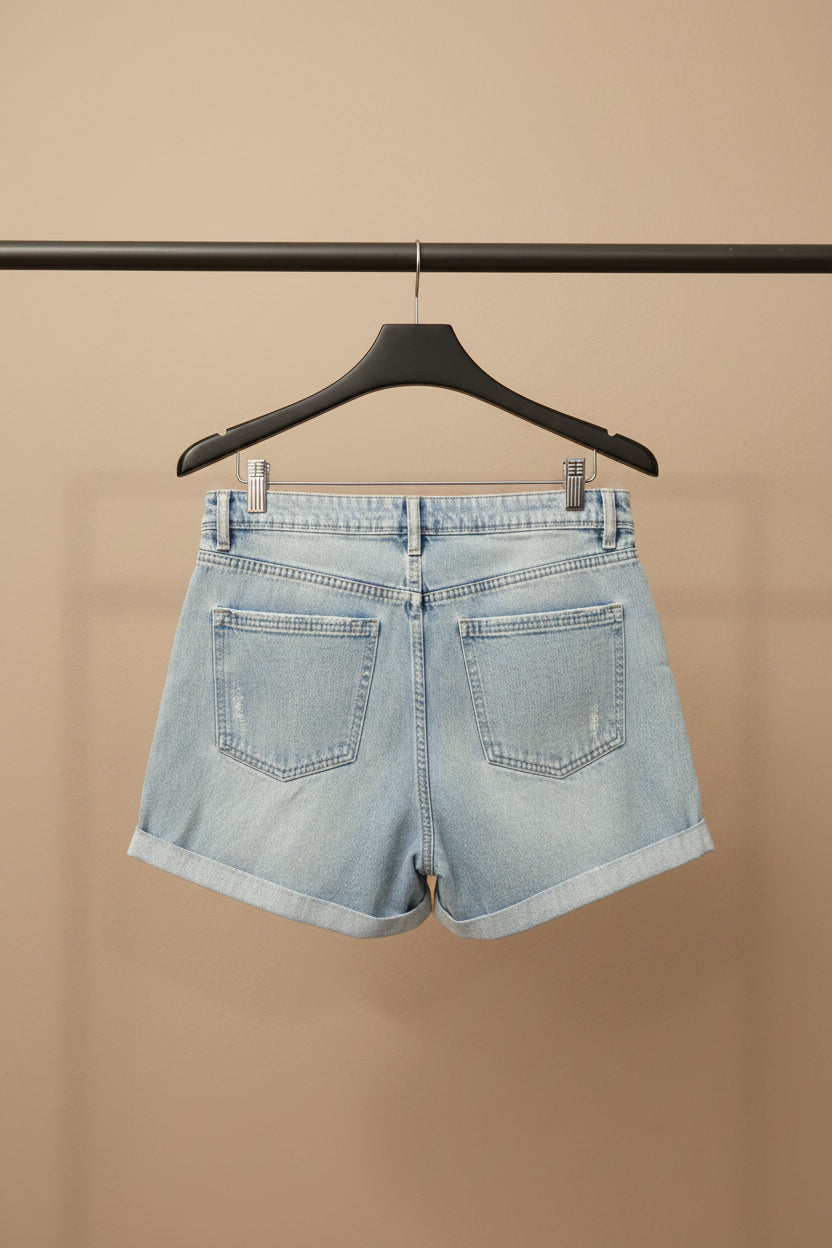 Light wash blue denim shorts shown from the back, hanging on a wooden hanger against a solid red background.