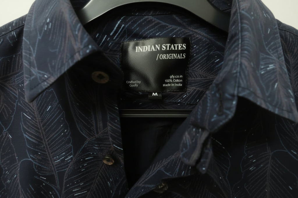 Men's Navy Blue Feather Print Cotton Casual Shirt