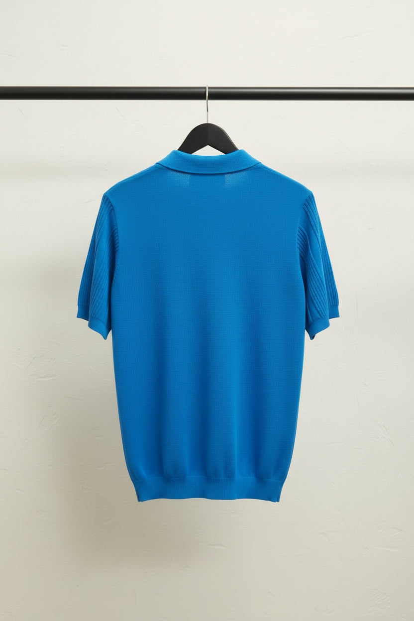 Zara Blue Knitted Polo Shirt with Openwork Details