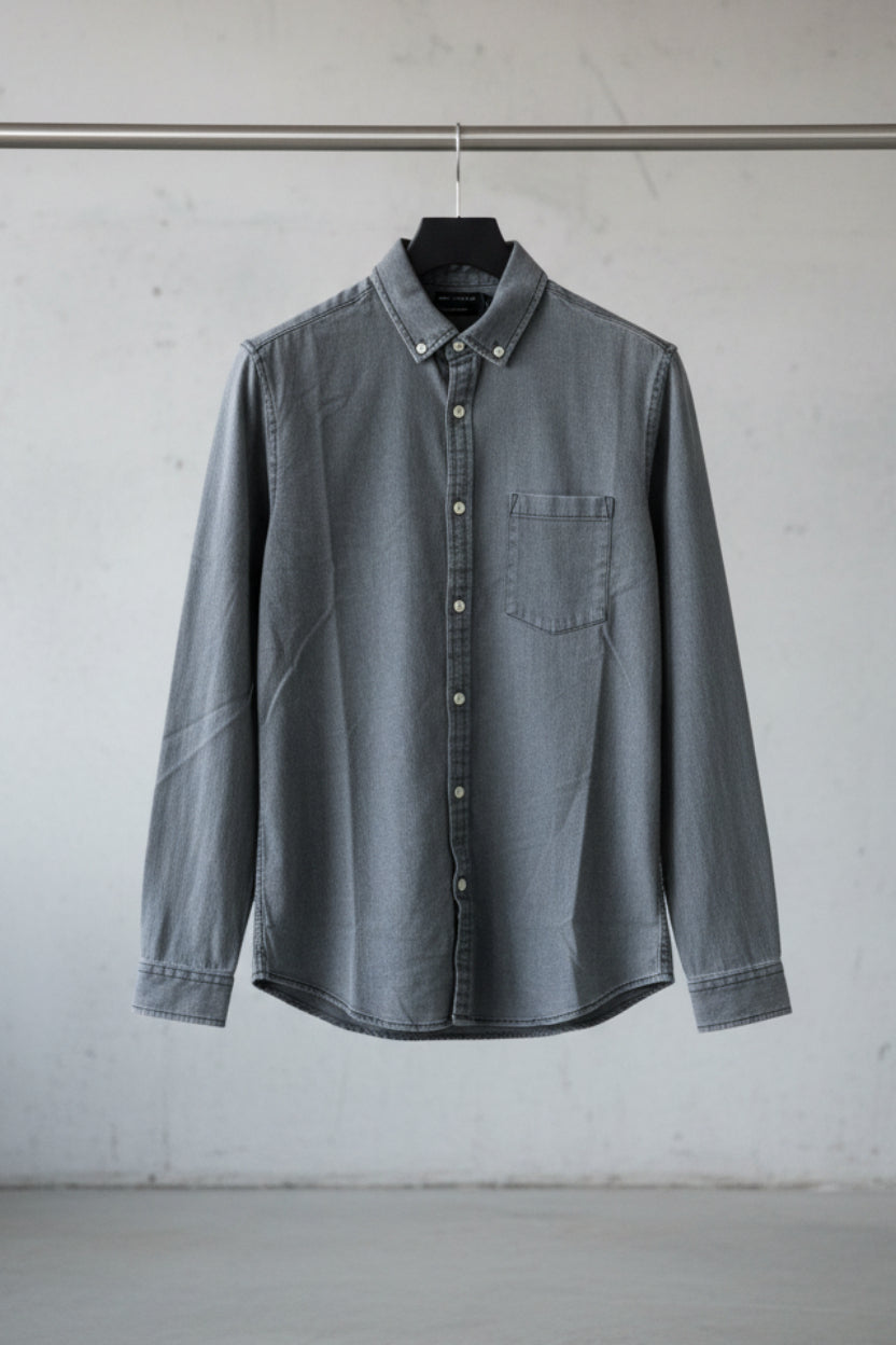 ASOS DESIGN Men's Grey Washed Denim Long Sleeve Button-Up Shirt