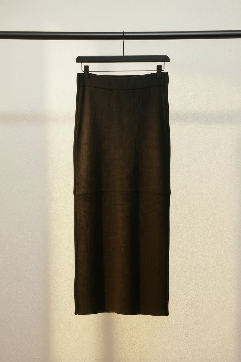 Black Ribbed Knit Maxi Skirt with Slit