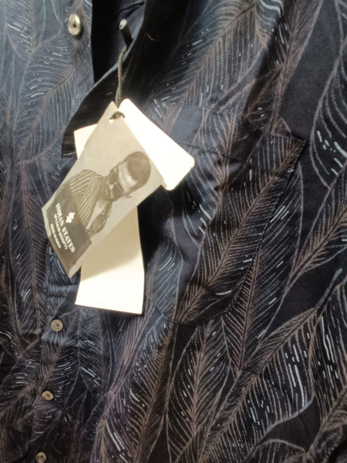 Men's Navy Blue Feather Print Cotton Casual Shirt