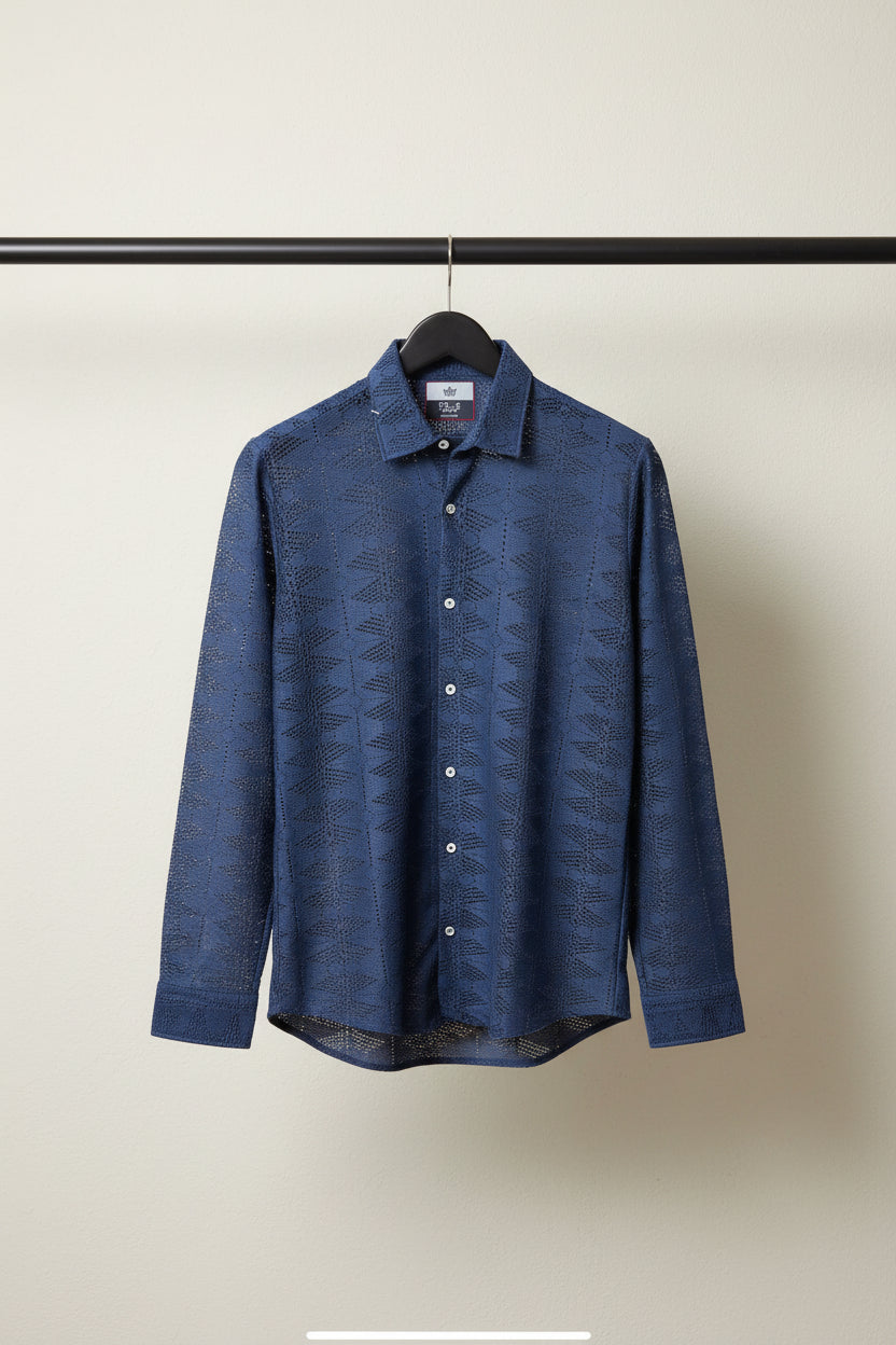 Men's PS-2 Diesel Blue Perforated Long Sleeve Casual Shirt