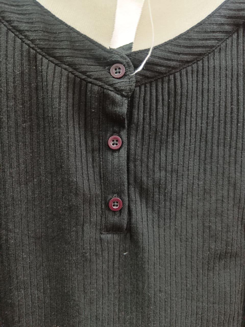 M&S Black Ribbed Long Sleeve Button-Front Top