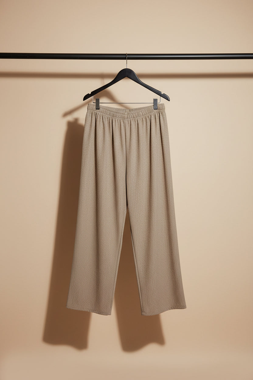 Women's Beige Textured Knit Relaxed Fit Trousers