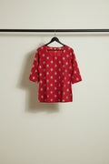 Red Printed Round Neck Long Sleeve Blouse