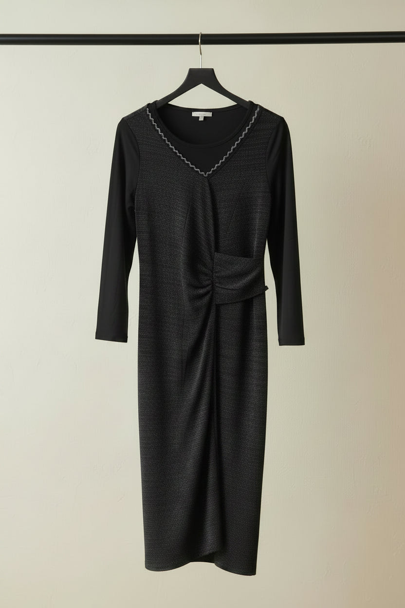 Women's Black Shimmer Long Sleeve Ruched Midi Dress