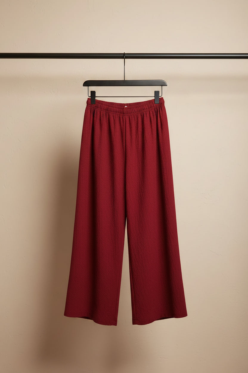 Women's Red Textured Elastic Waist Wide Leg Pants