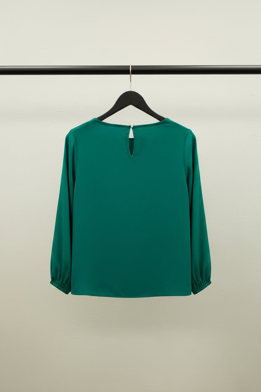 Women's Emerald Green Long Sleeve Gathered Neck Blouse