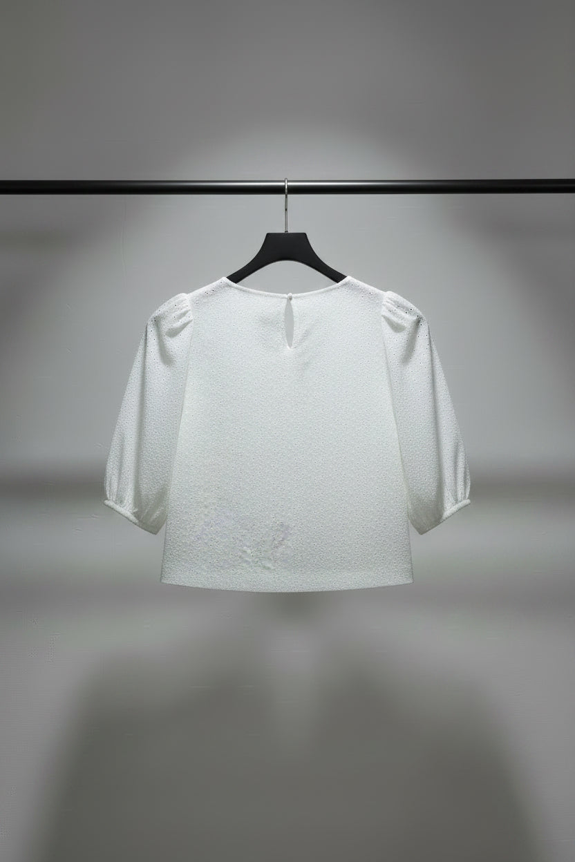 OUTKRT White Eyelet Puff Sleeve Crop Top