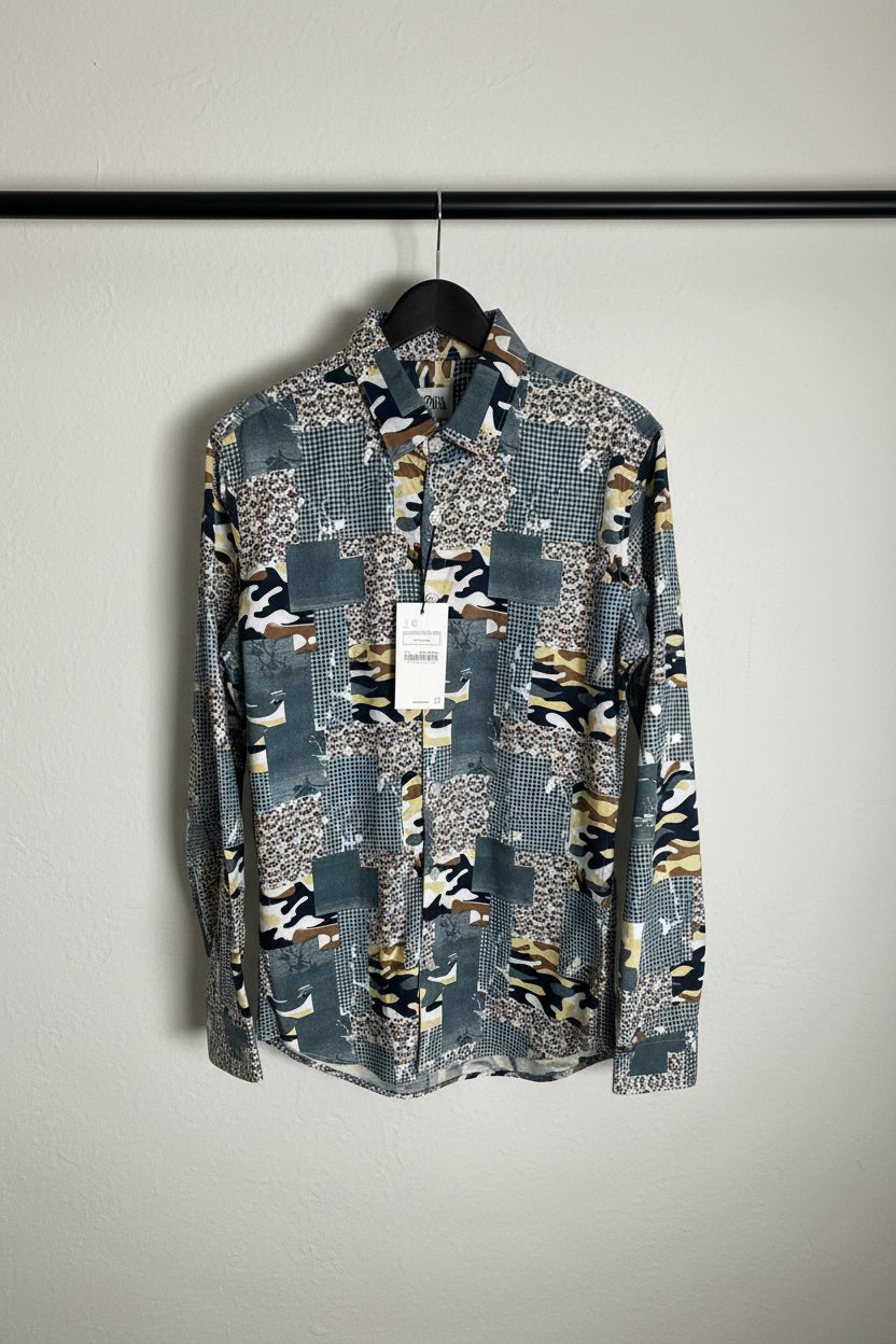 Zara Men's Multicolor Patchwork Camouflage Print Long Sleeve Casual Shirt