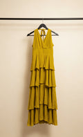 Women's Mustard Yellow Halterneck Tiered Maxi Dress
