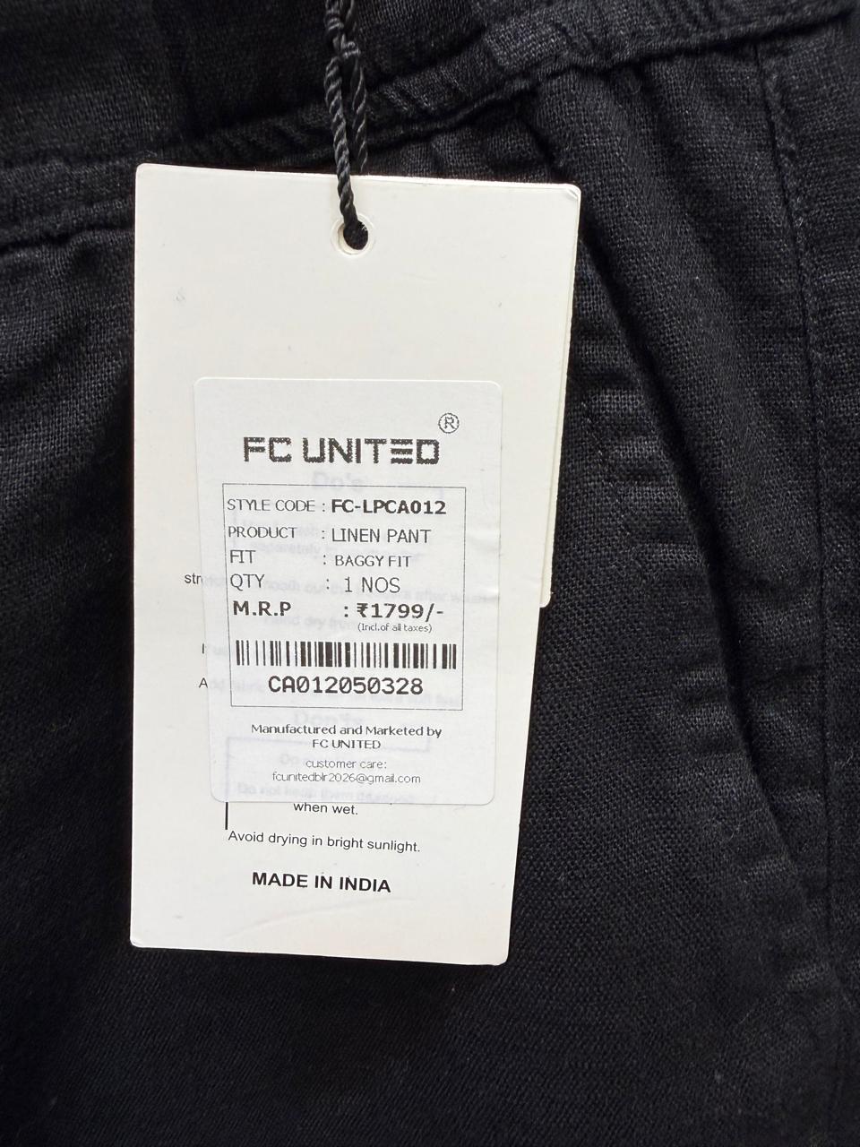 FC UNITED Men's Black Linen Baggy Fit Pants