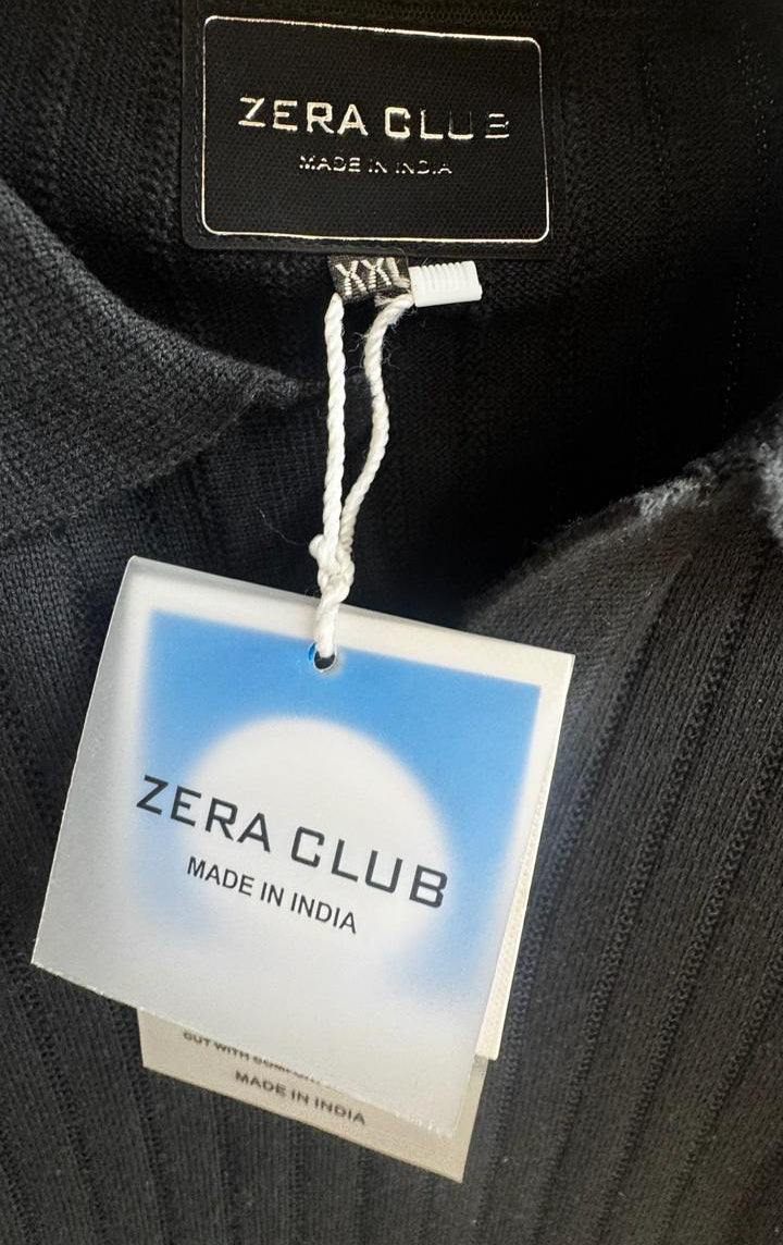 ZERA CLUB Men's Black Ribbed Knit Polo T-Shirt