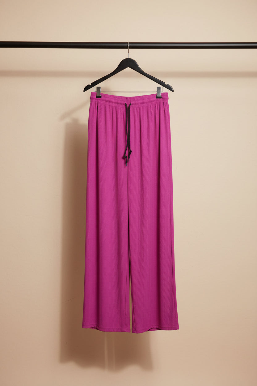 Magenta Ribbed Elastic Waist Palazzo Trousers