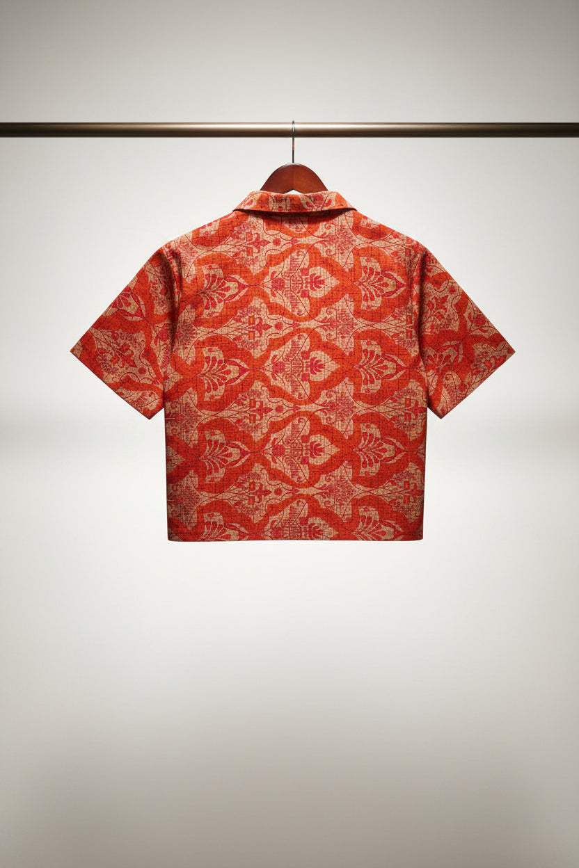 Women's Red and Beige Floral Print Short Sleeve Collared Shirt