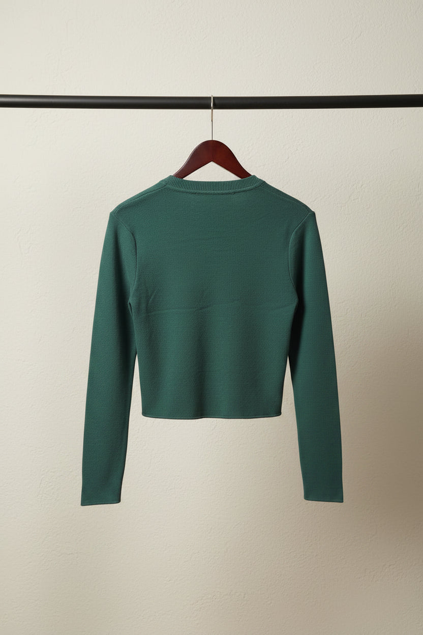 Women's Green Ribbed Knit Long Sleeve Crop Top