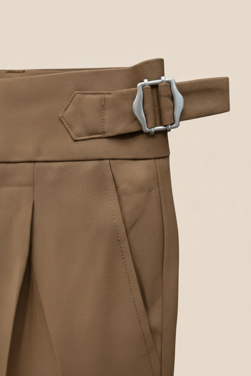 Men's J.J.un Tan Pleated Trousers with Side Adjusters
