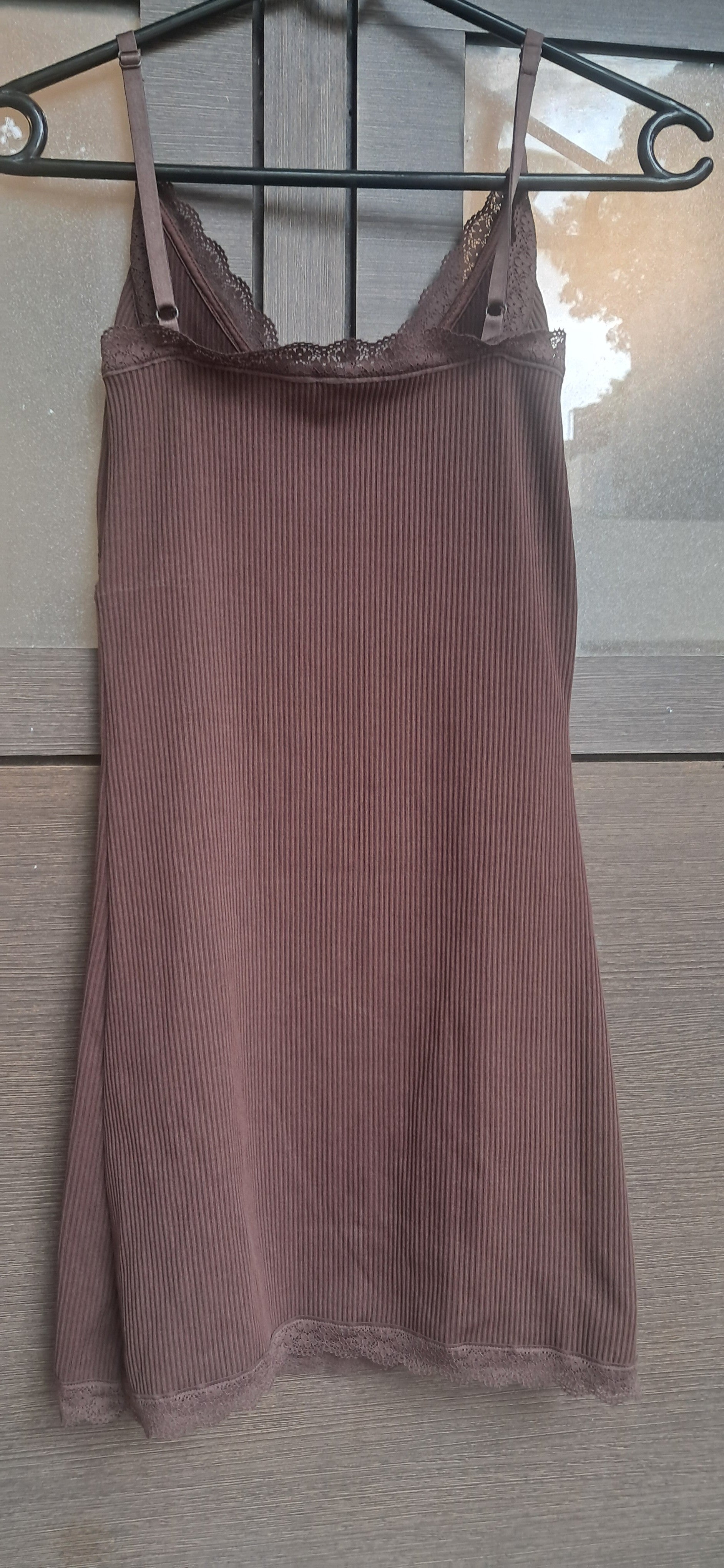 Brown Ribbed Lace Trim Camisole Slip Dress