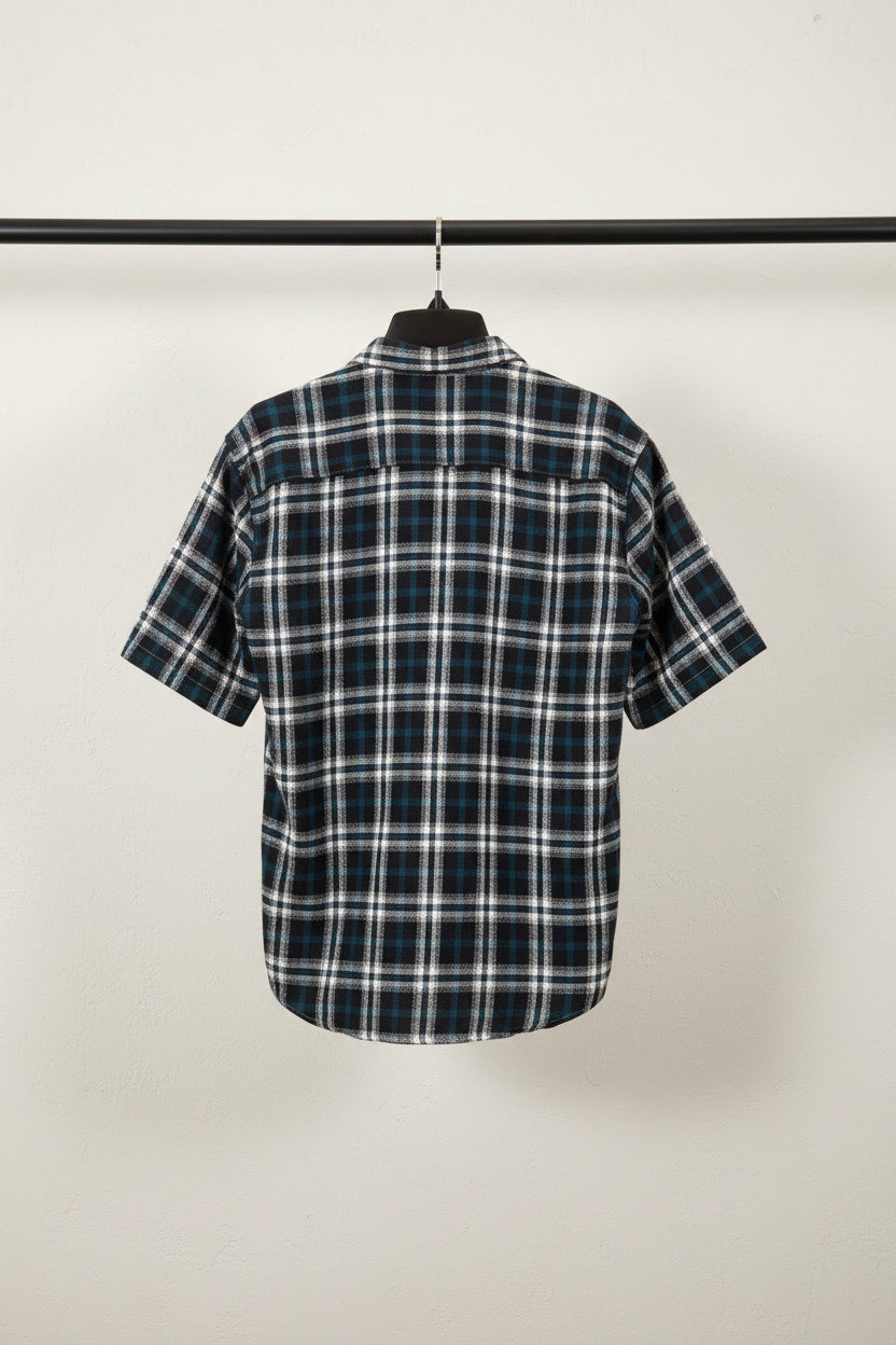 Black White Teal Plaid Flannel Casual Shirt