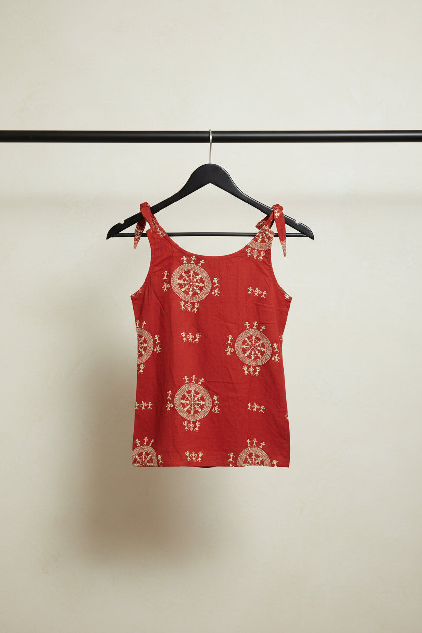 Women's Red Sleeveless Top with Ethnic Print