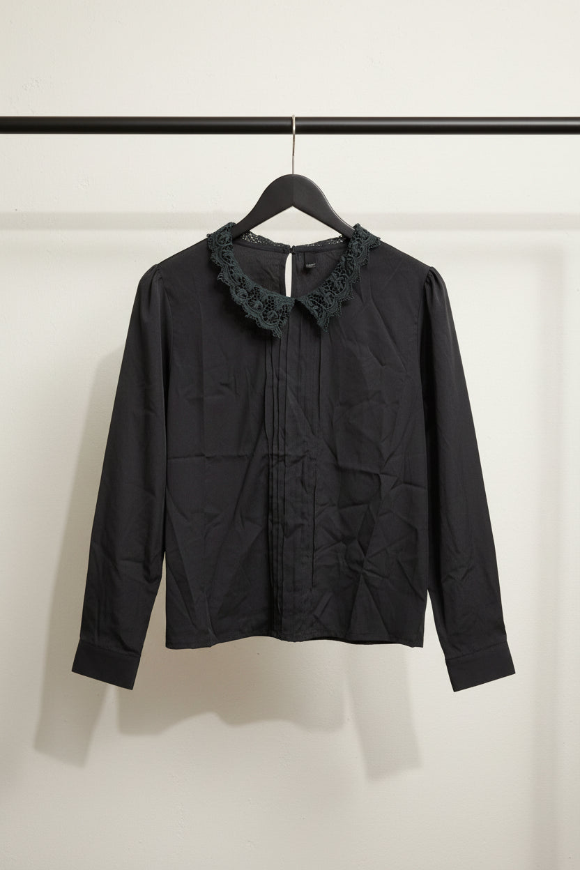 Black Long Sleeve Blouse with Lace Collar and Cuffs