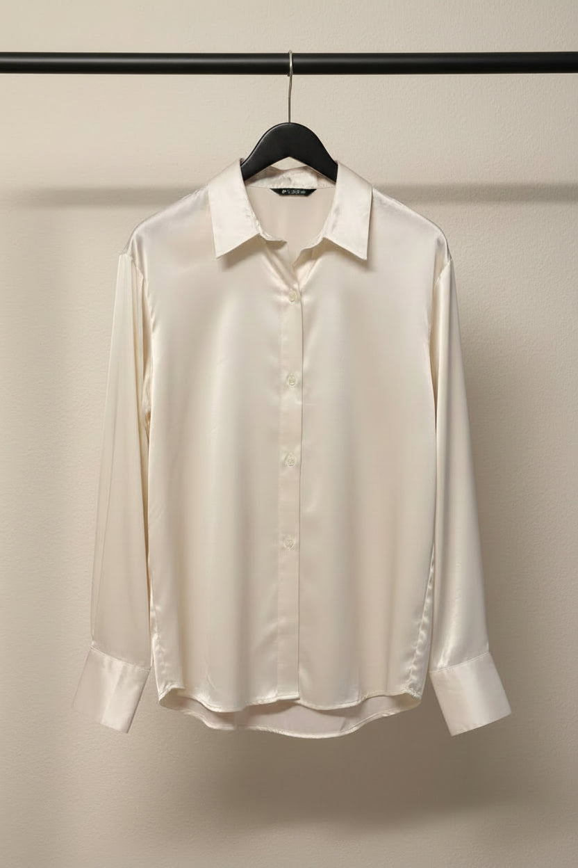 H&M Divided Women's Off-White Satin Long Sleeve Button-Up Shirt
