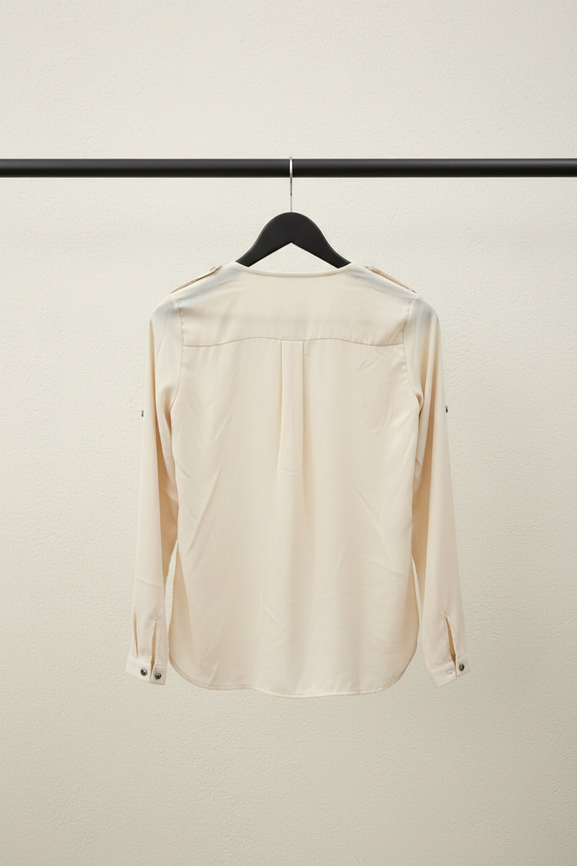 OUTRYT Women's Off-White Long Sleeve V-Neck Blouse with Pockets