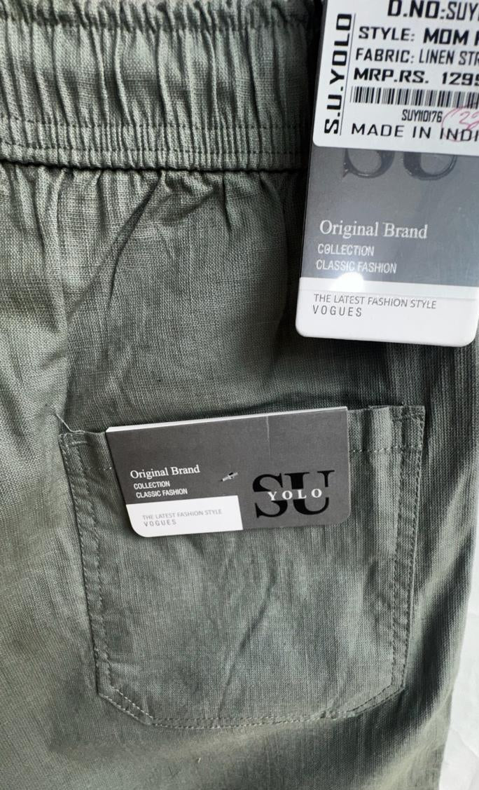 SU YOLO Women's Olive Green Mom Fit Linen Stretch Trousers