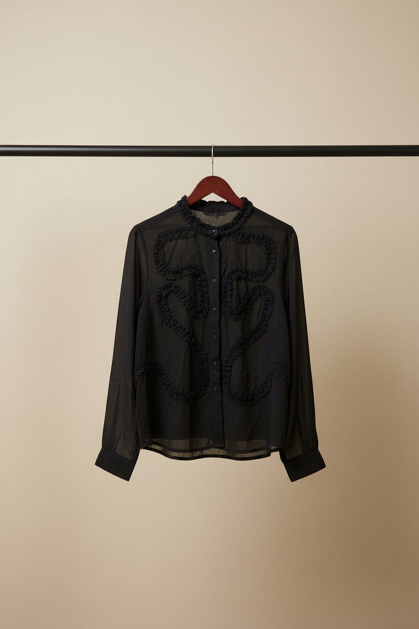 Women's Black Ruffled Long Sleeve Blouse