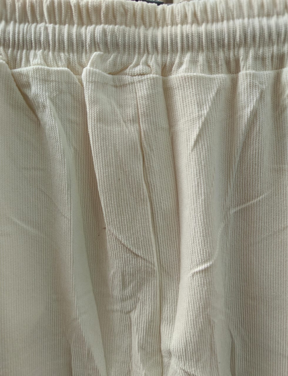 Women's Cream Corduroy Drawstring Wide Leg Trousers
