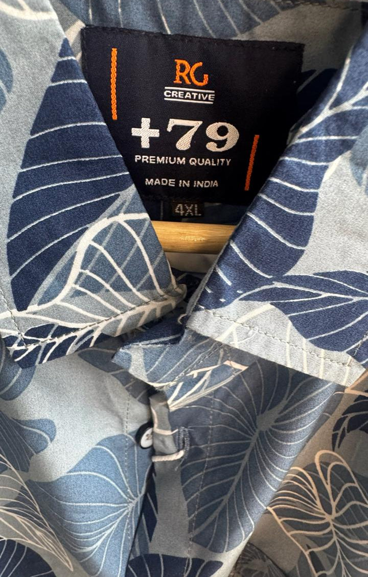 Men's Blue Leaf Print Short Sleeve Casual Shirt
