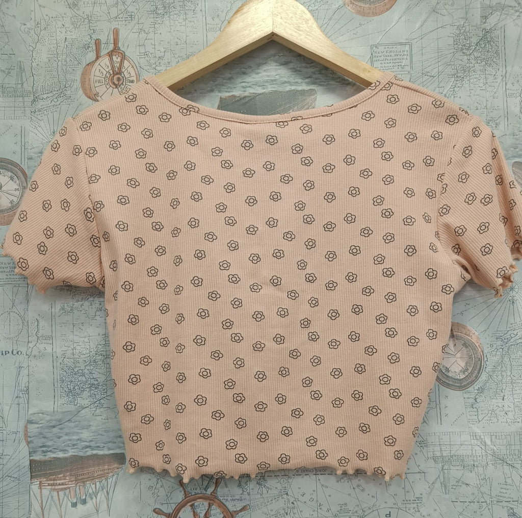 H&M Pink Floral Ribbed V-Neck Crop Top with Lettuce Trim