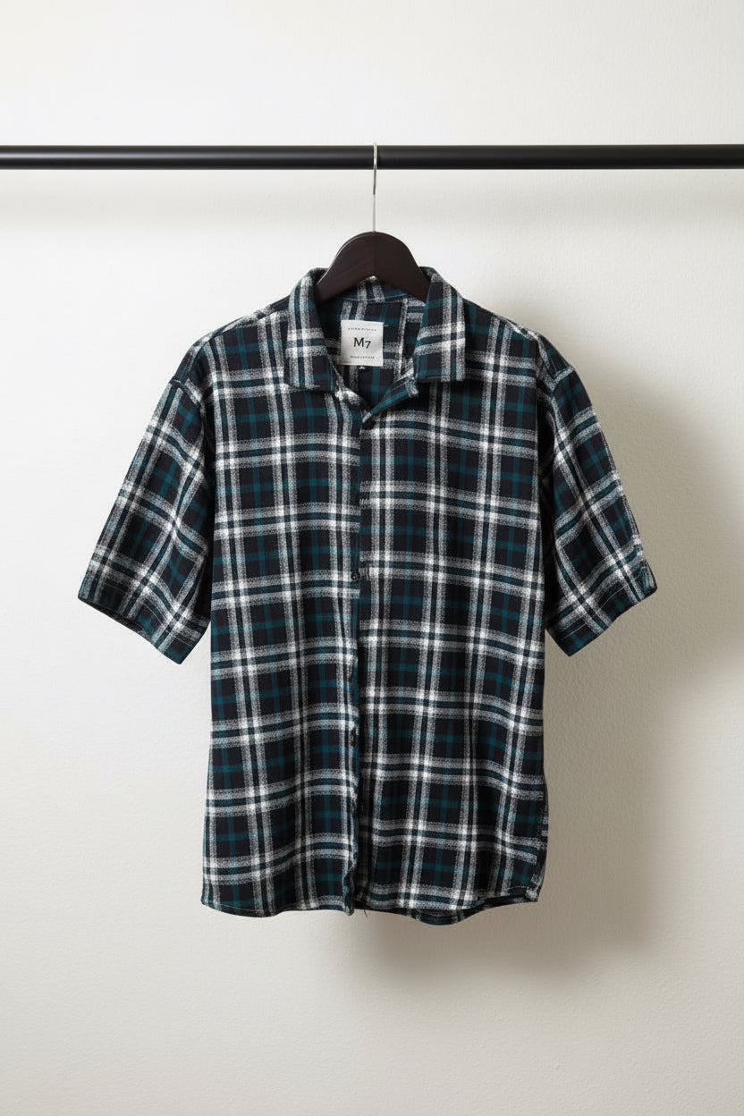 Black White Teal Plaid Flannel Casual Shirt